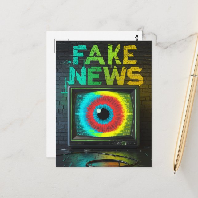 Fake News Retro TV Eyeball Glitch Postcard (Front/Back In Situ)