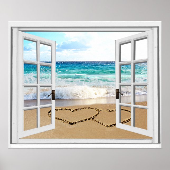 Fake Window Hearts In Sand Beach View Poster (Front)