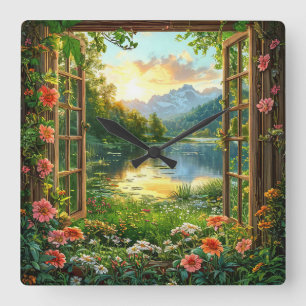 Fake window landscape Rustic Cabin Home Décor ⛰️🪟 Square Wall Clock