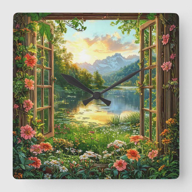 Fake window landscape square wall clock (Front)