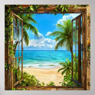 Fake Window Tropical Beach Ocean View Décor 🌴🌊 Poster