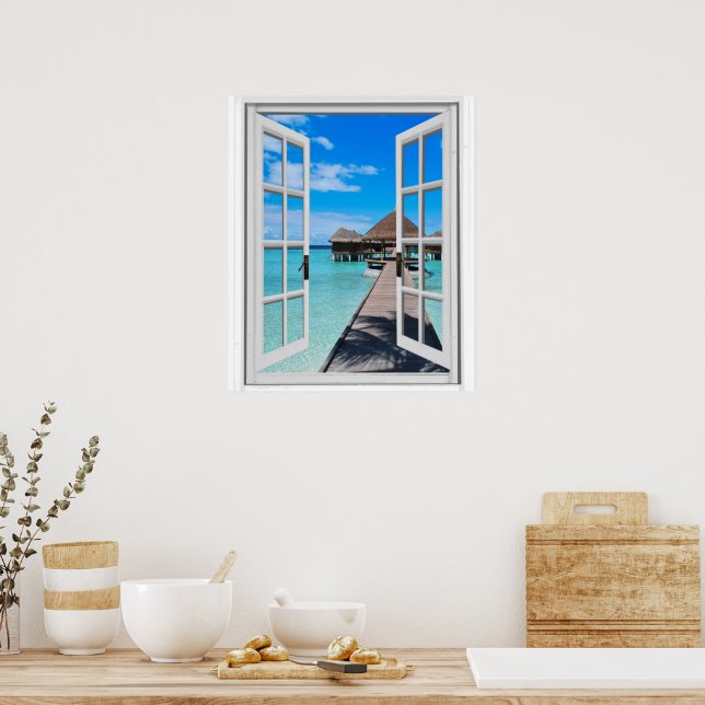 Fake Window View Beach Huts In Ocean Poster (Kitchen)