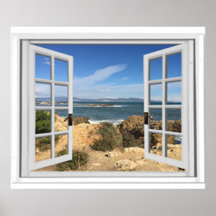 Fake Window View Rocky Beach Ocean  Poster