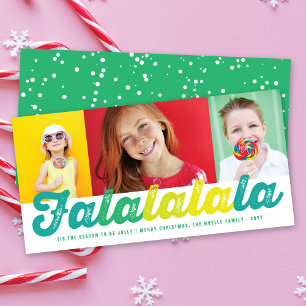 Falalalala Green Ombre Script Christmas 3 Photo Holiday Card