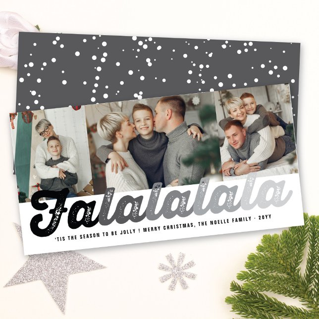 Falalalala Grey Ombre Script Fun Christmas 3 Photo Holiday Card (Creator Uploaded)