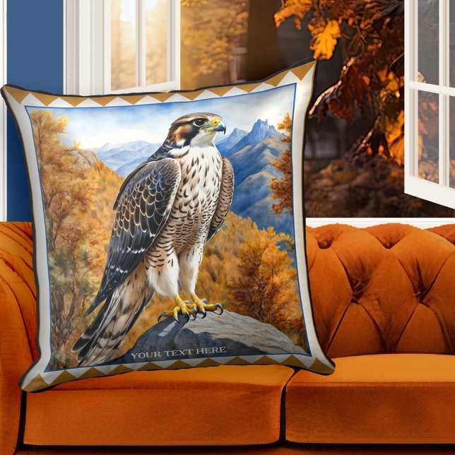 Falcon in the Mountains Animal Art Cushion (Pillow featuring a painting of a falcon in a mountain landscape. Great for anyone who loves birds.)