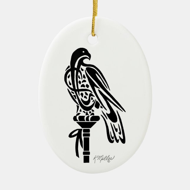 Falcon on Block Perch Ceramic Tree Decoration (Front)