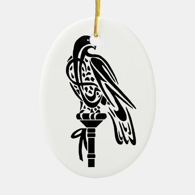 Falcon on Block Perch Ceramic Tree Decoration (Front)