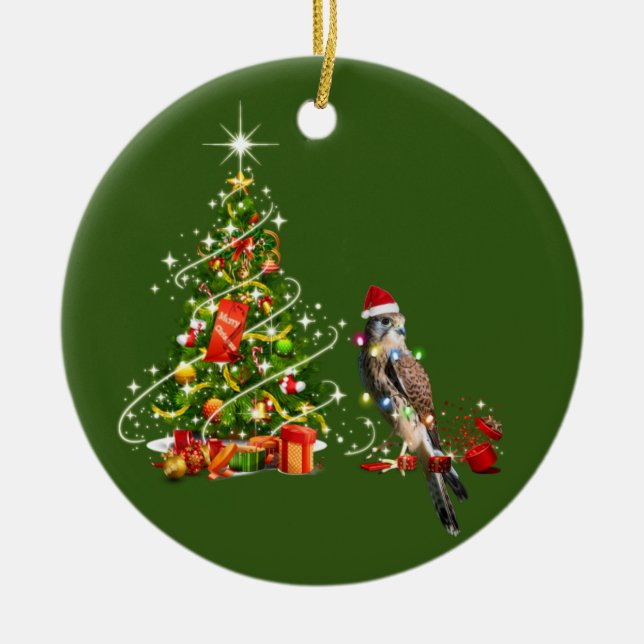 Falcon With Hat LIGHTS Christmas Ceramic Tree Decoration (Front)