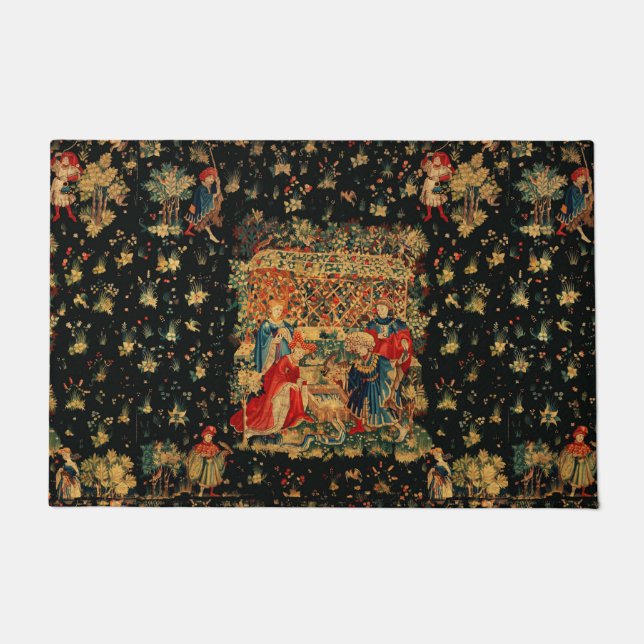 FALCONS BATH Red Blue Antique Mediaeval Tapestry  Doormat (Front)