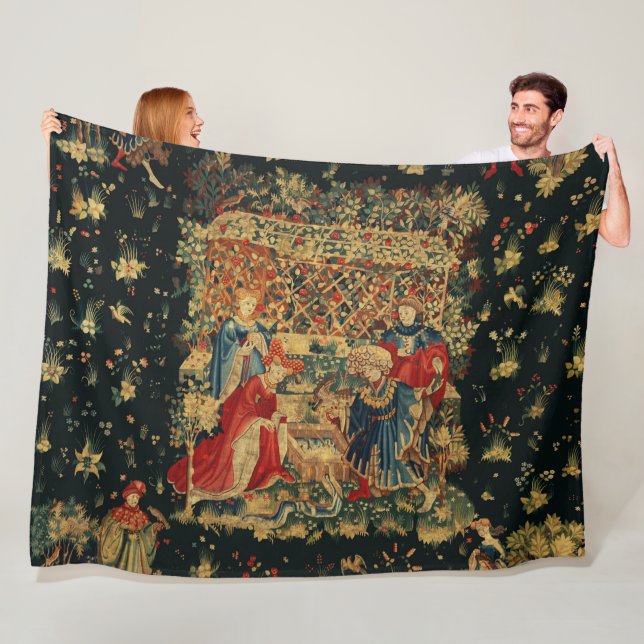 FALCONS BATH Red Blue Antique Mediaeval Tapestry Fleece Blanket (In Situ)