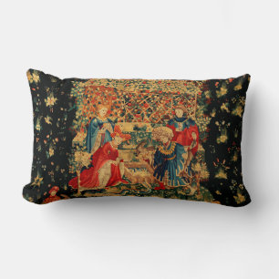 FALCONS BATH Red Blue Antique Mediaeval Tapestry T Lumbar Cushion