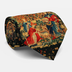 FALCONS BATH Red Blue Antique Mediaeval Tapestry Tie