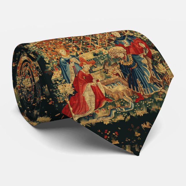 FALCONS BATH Red Blue Antique Mediaeval Tapestry Tie (Rolled)