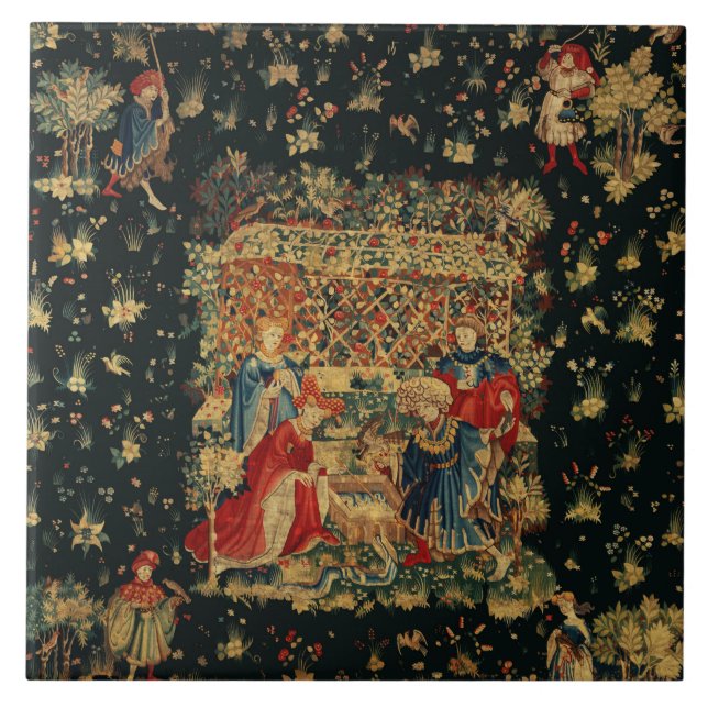 FALCONS BATH Red Blue Antique Mediaeval Tapestry Tile (Front)