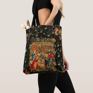 FALCONS BATH Red Blue Antique Mediaeval Tapestry Tote Bag