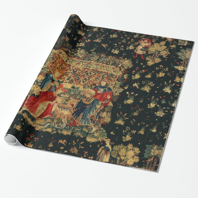 FALCONS BATH Red Blue Antique Mediaeval Tapestry Wrapping Paper (Unrolled)