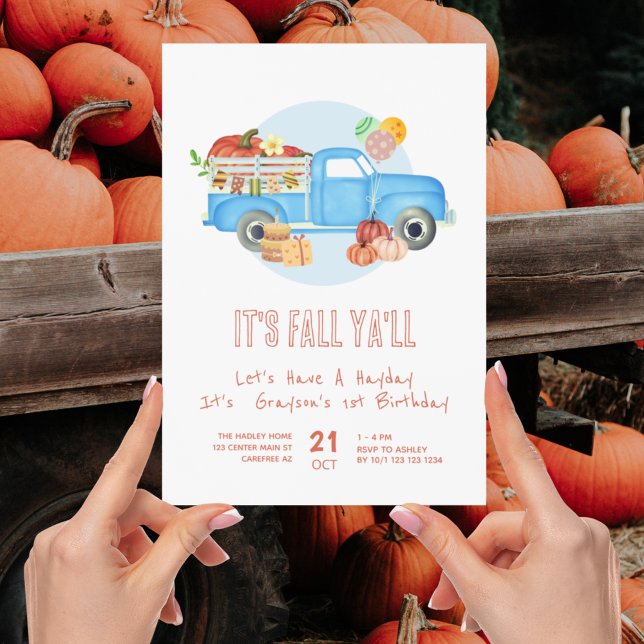 Fall 1st Birthday Pumpkin Blue Truck Invitation (Creator Uploaded)