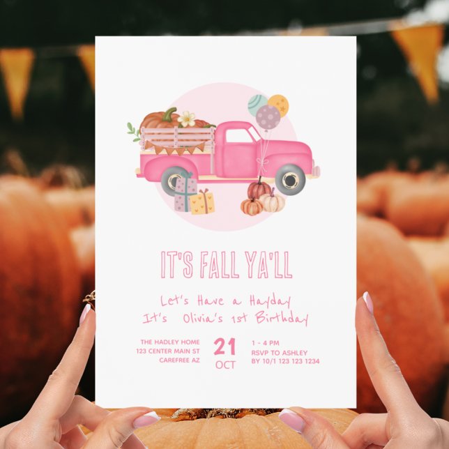Fall 1st Birthday Pumpkin Pink Truck Invitation (Creator Uploaded)