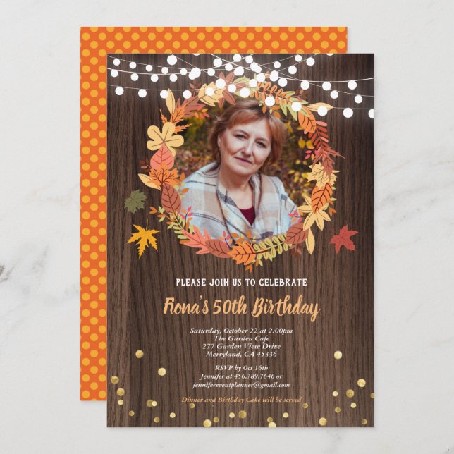 Fall 50th birthday photo invite wreath wood (Front/Back)