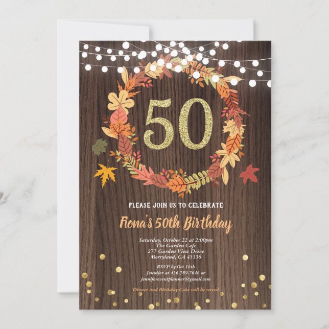 Fall 50th birthday thanksgiving wreath wood gold invitation (Front)