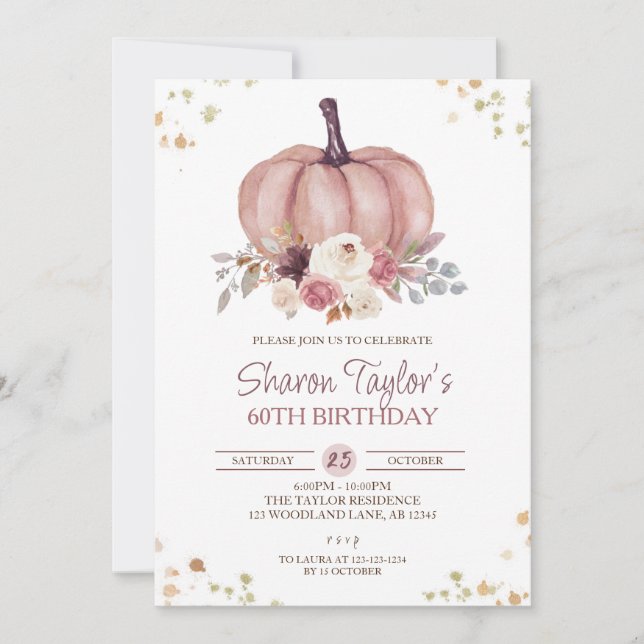 Fall 60th Birthday, Floral Pumpkin Birthday Invitation (Front)