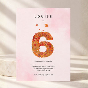 Fall 6th Birthday Watercolor Autumn Leaves Pink Invitation