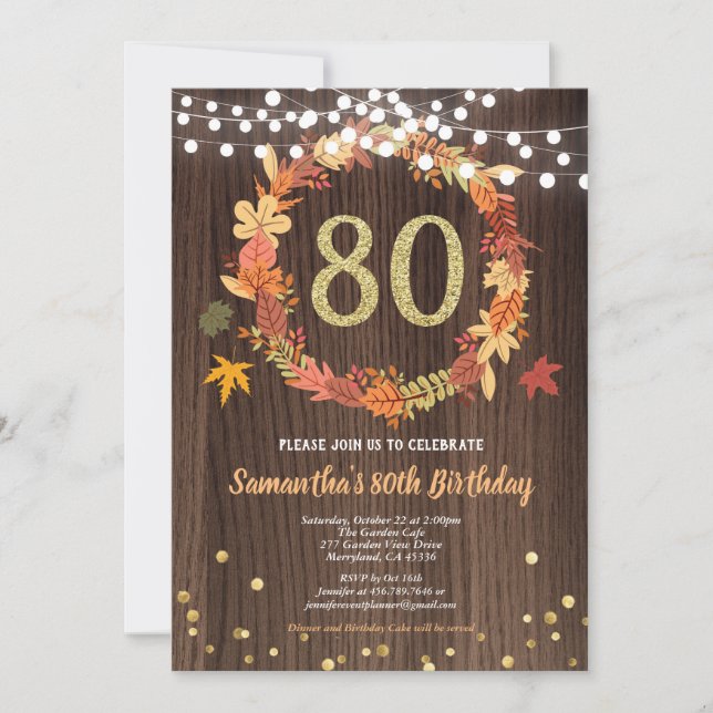 Fall 80th birthday thanksgiving wreath wood gold invitation (Front)