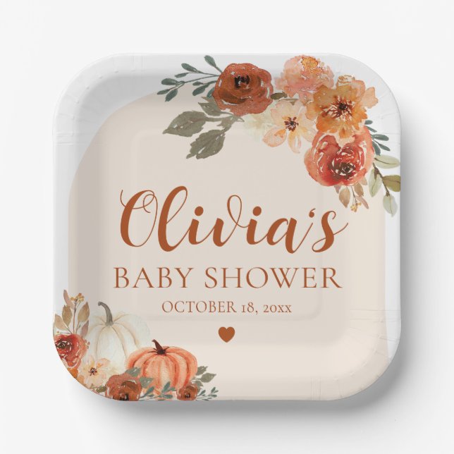 Fall A Little Pumpkin Autumn Floral Baby Shower  Paper Plate (Front)