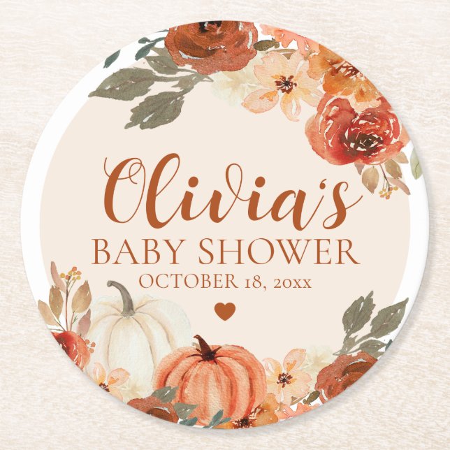 Fall A Little Pumpkin Autumn Floral Baby Shower Round Paper Coaster (Front)