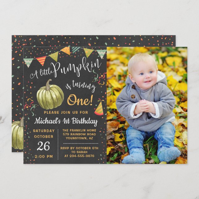 Fall A Little Pumpkin Chalkboard Birthday Photo Invitation (Front/Back)