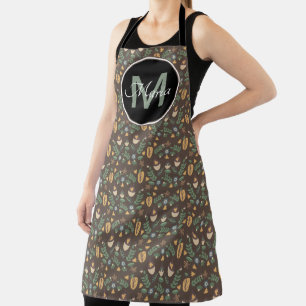 Fall Acorn and Greenery Ditsy Pattern Monogram Apron