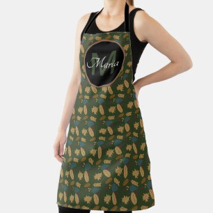 Fall Acorn and Leaves Green Pattern Monogram Apron