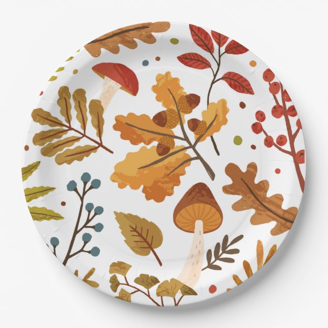 Fall Acorn and Mushroom Paper Plate (Front)