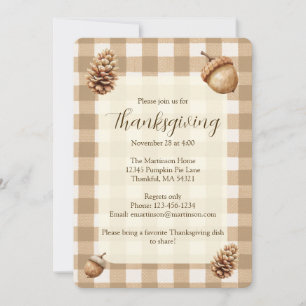 Fall Acorns Pine Cones Brown Gingham Thanksgiving Invitation
