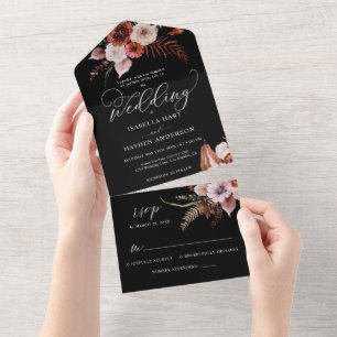 Fall All In One Dark Moody Floral Black Boho RSVP Invitation