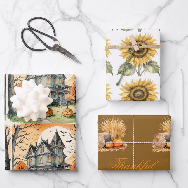 Fall All Occasions, Autumn Sunflower, Fall Pumpkin Wrapping Paper Sheet (Front)