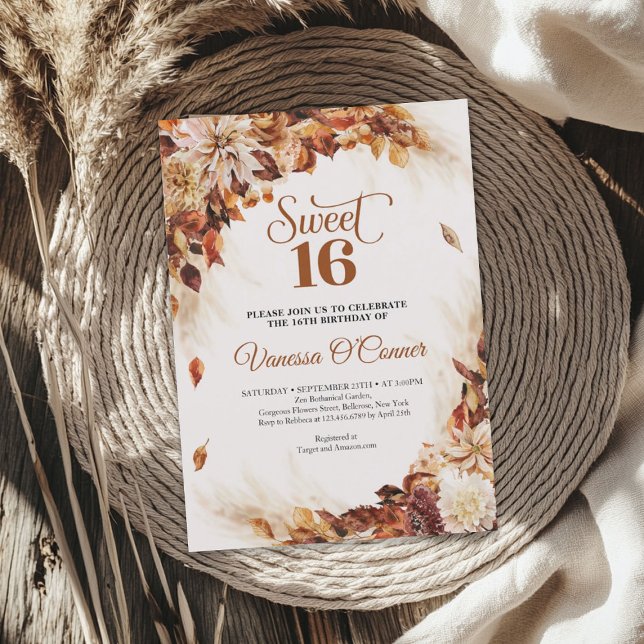 Fall and autumn copper flowers and leaves 16th invitation (Fall and autumn copper flowers and leaves invitation)