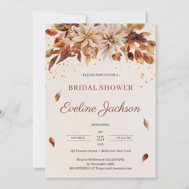 Fall and Autumn flowers and leaves Bridal shower Invitation (Front)