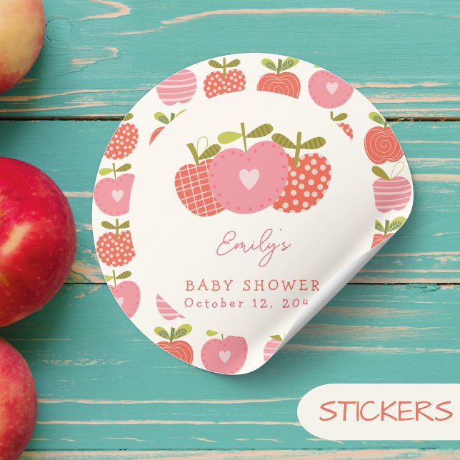  Fall Apple Theme Whimsical Baby Shower Pink Red Classic Round Sticker (Creator Uploaded)