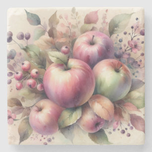 Fall apples in pastel colours watercolor painting stone coaster