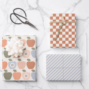 Fall Apples with Checks and Stripes Wrapping Paper Sheet