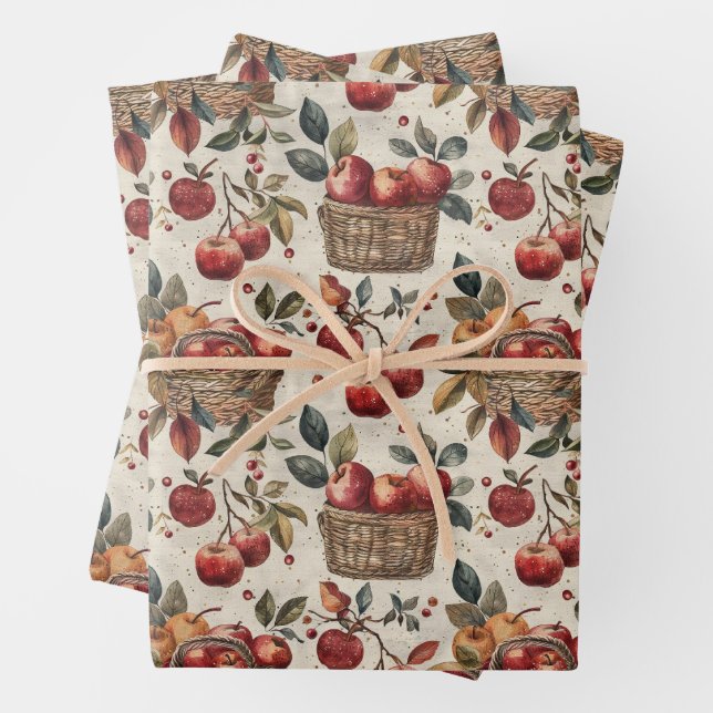 Fall Apples Wrapping Paper Flat Sheet Set of 3 (In situ)