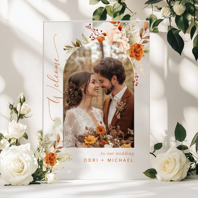 Fall Arch Modern Photo Wedding Welcome Acrylic Sign (Creator Uploaded)