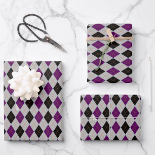 Fall Argyle Black Purple Pattern Wrapping Paper Sheet