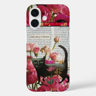 Fall Asleep to Dream Black Cat Hot Pink Flowers iPhone 16 Case