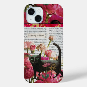 Fall Asleep to Dream Black Cat Hot Pink Flowers iPhone 15 Case