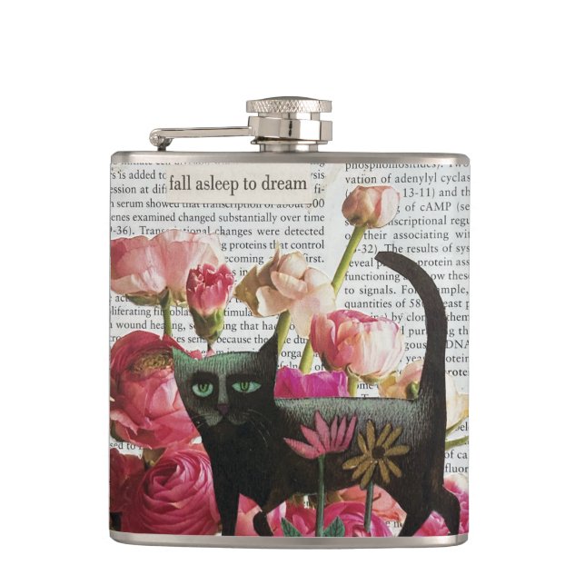 Fall Asleep to Dream Black Cat Hot Pink Flowers Hip Flask (Front)