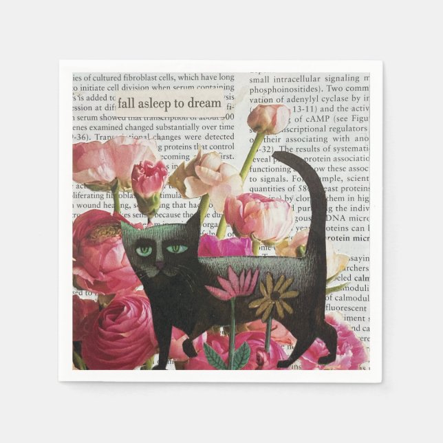Fall Asleep to Dream Black Cat Hot Pink Flowers Napkin (Front)