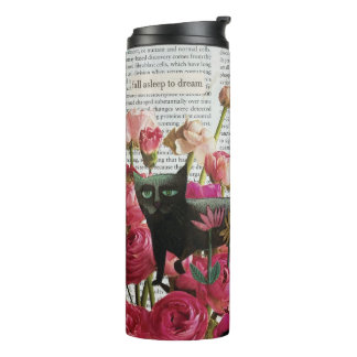 Fall Asleep to Dream Black Cat Hot Pink Flowers Thermal Tumbler
